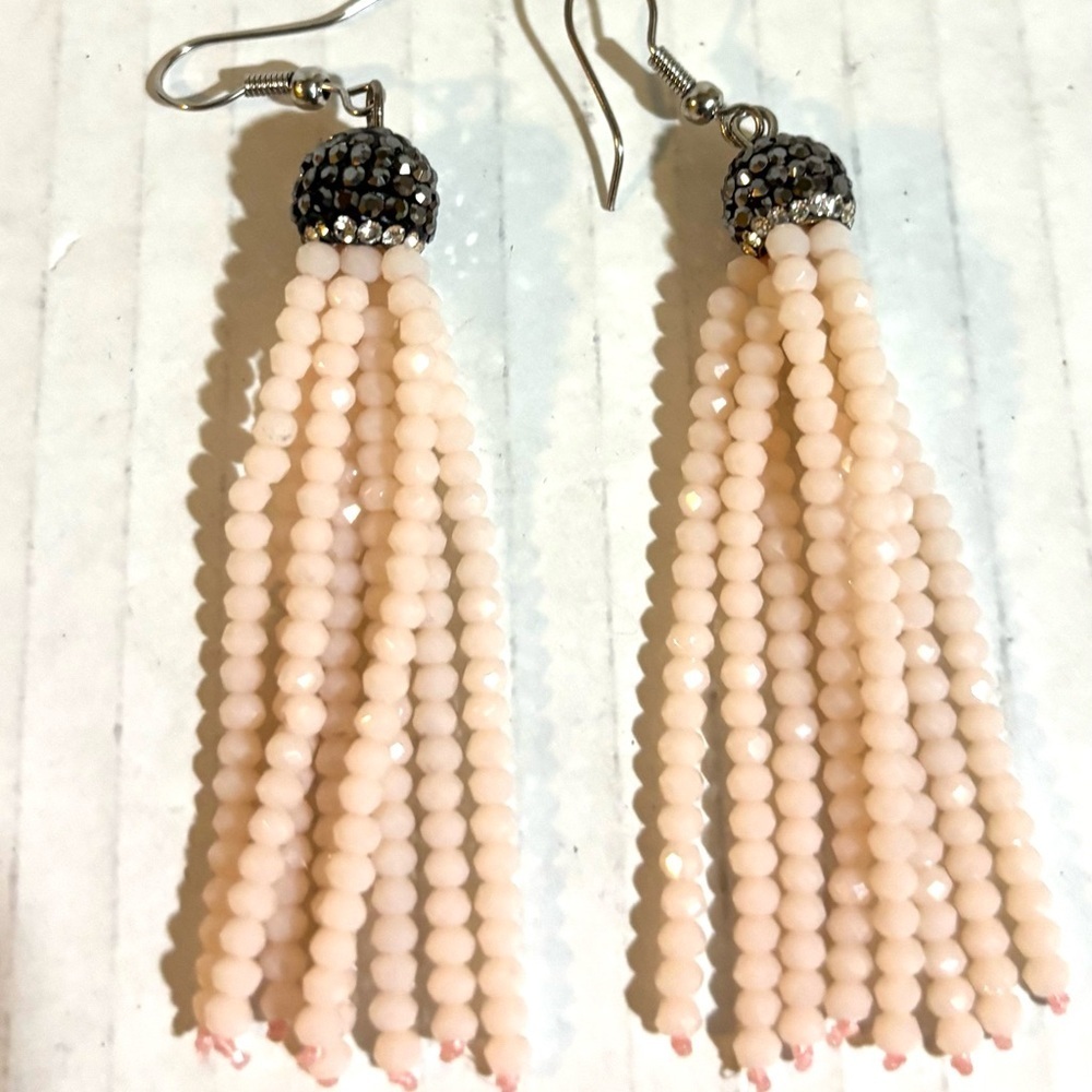 Blush Tassel Beaded Drop Earrings with Rhinestone Cap